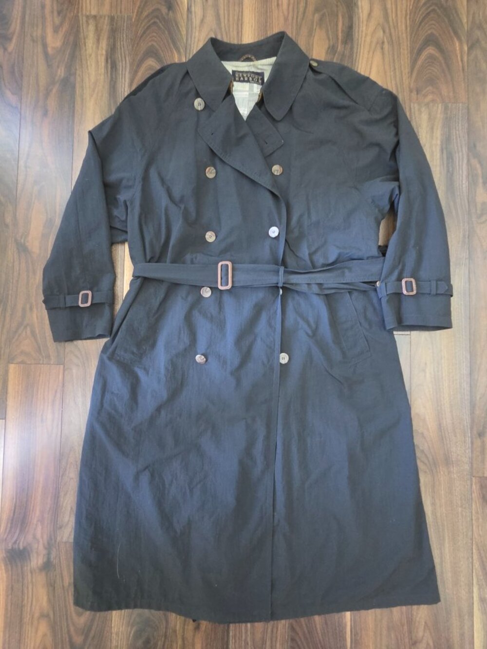 Vintage Newport Harbor Mens Size 44R Belted Black Trench Coat Raincoat Stocks